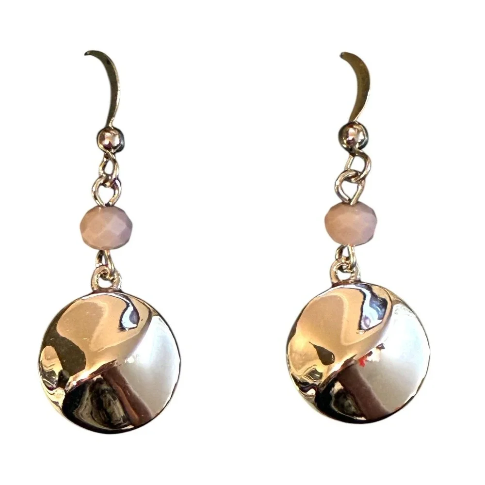 Vintage Sample Silver Tone Disc Drop Earrings Mauve Bead Dangle New Old Stock